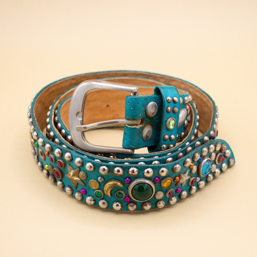 Vintage Apple Acc of New York Rhinestone Turquoise Women's Belt 40in Long